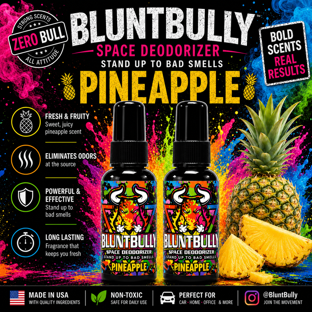 BluntBully Pineapple Space Deodorizer Spray promotional card with two bottles and scent artwork