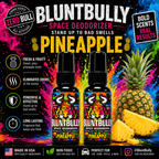 BluntBully Pineapple Space Deodorizer Spray promotional card with two bottles and scent artwork
