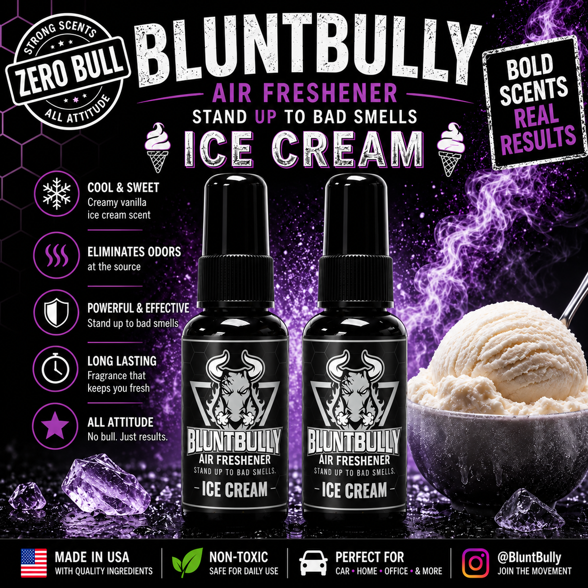 BluntBully Ice Cream air freshener illustrated scent card with individual scent label on the bottles