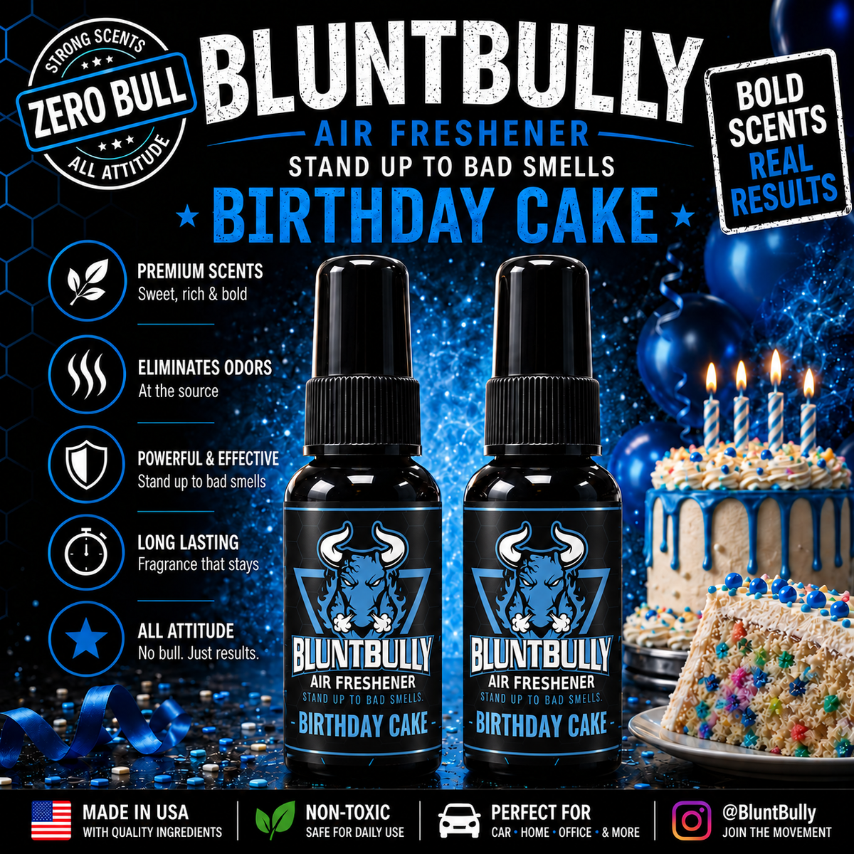 BluntBully Birthday Cake air freshener illustrated scent card with individual scent label on the bottles