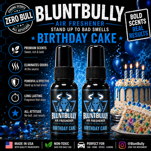 BluntBully Birthday Cake air freshener illustrated scent card with individual scent label on the bottles