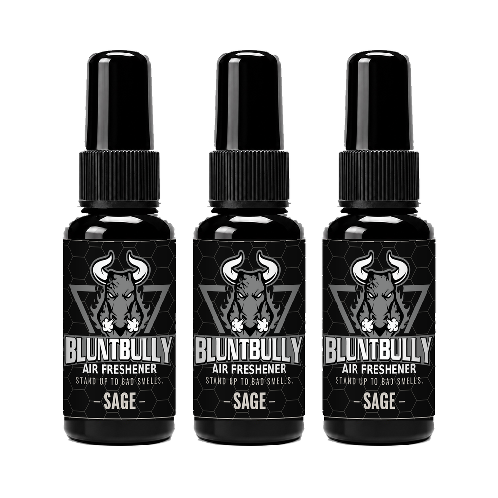 BluntBully Sage air freshener three-bottle display with updated labels
