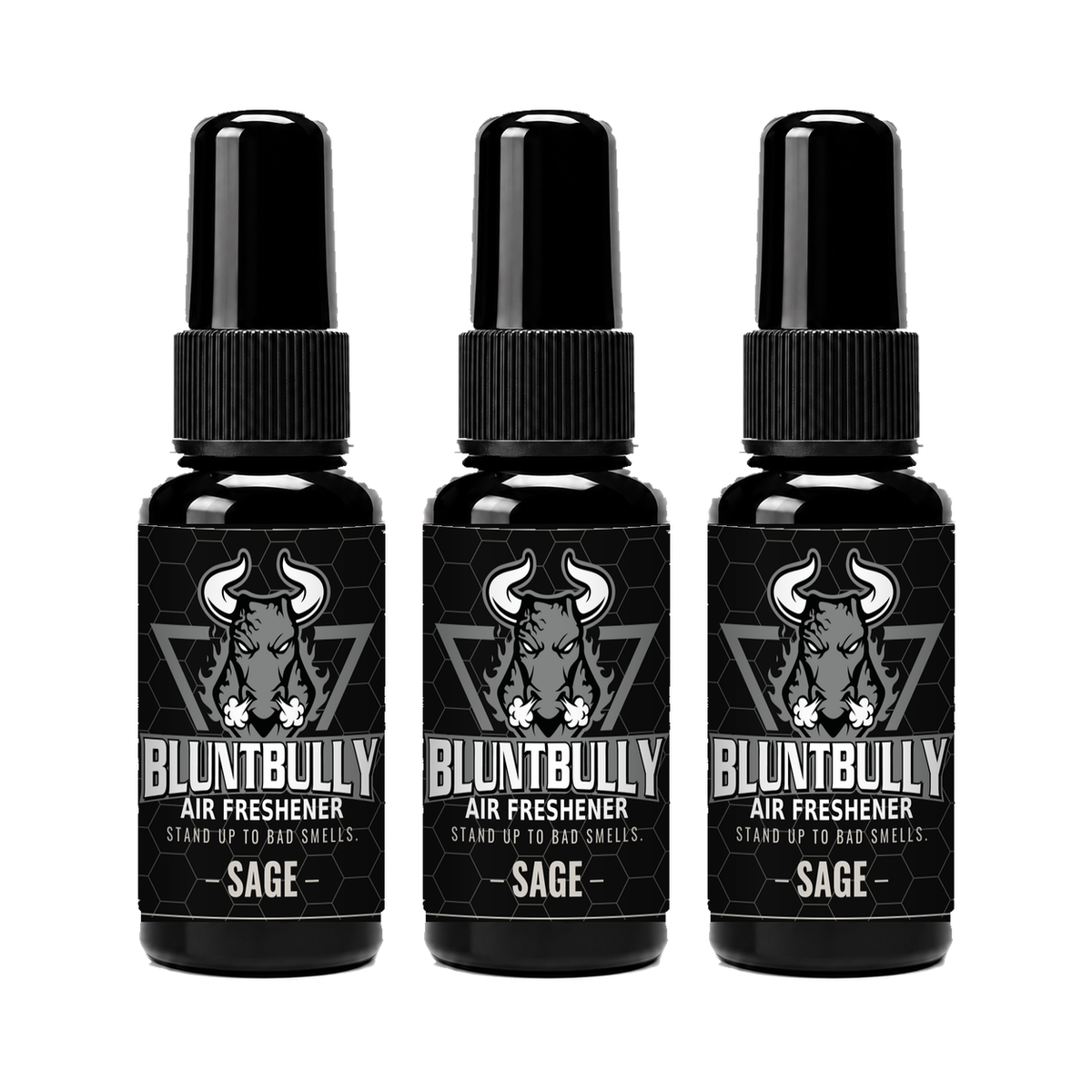 BluntBully Sage air freshener three-bottle display with updated labels