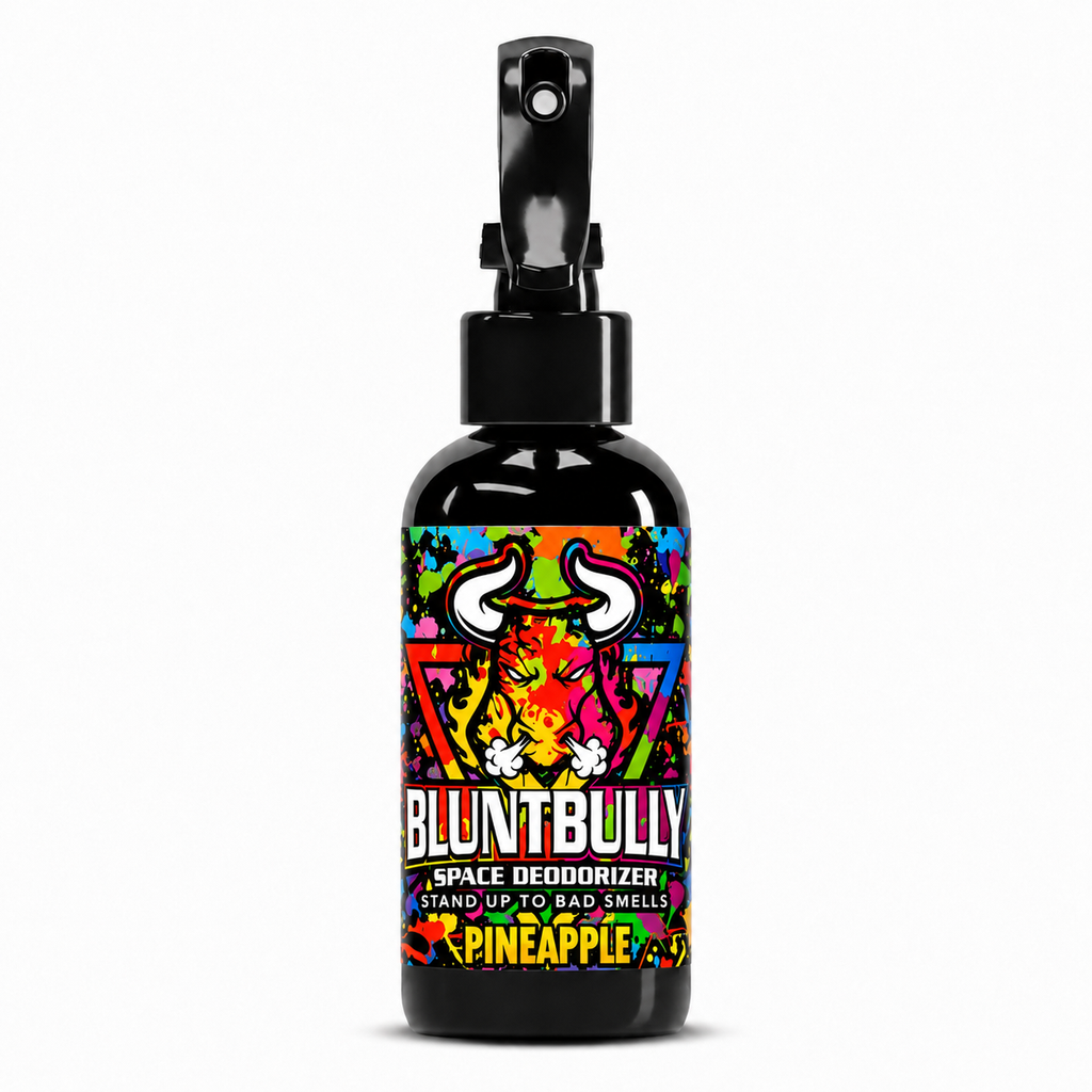 BluntBully Pineapple Space Deodorizer Spray, black bottle with spray pump on a white background