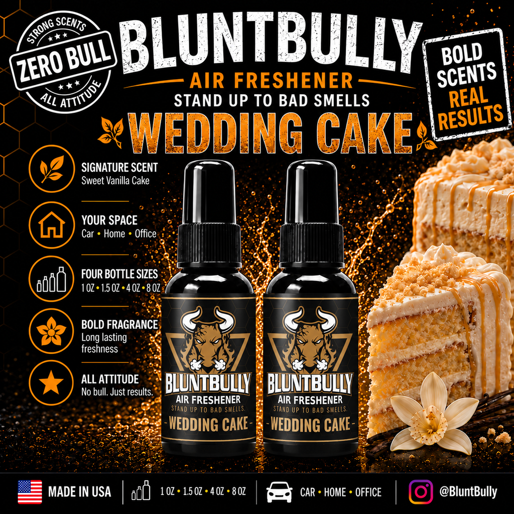 BluntBully Wedding Cake air freshener illustrated scent card with individual scent label on the bottles