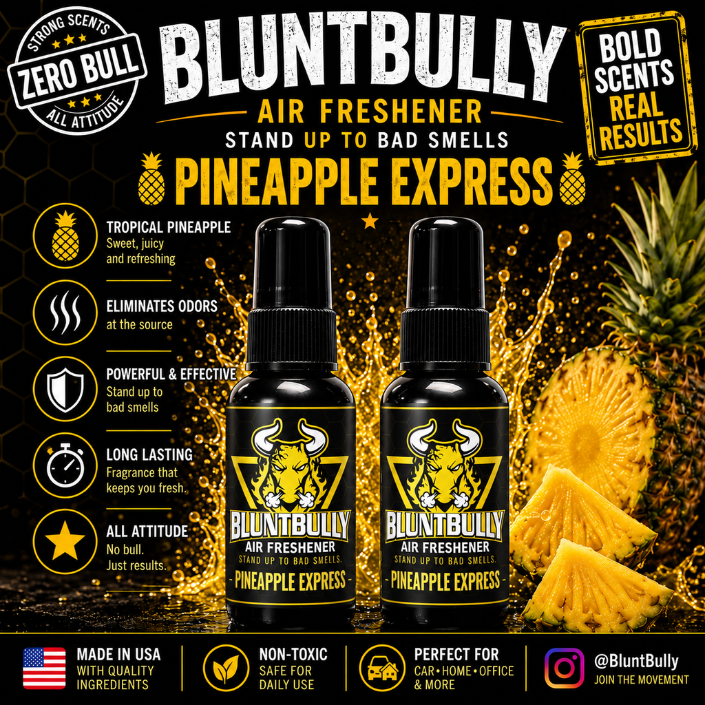 BluntBully Pineapple Express air freshener illustrated scent card with individual scent label on the bottles