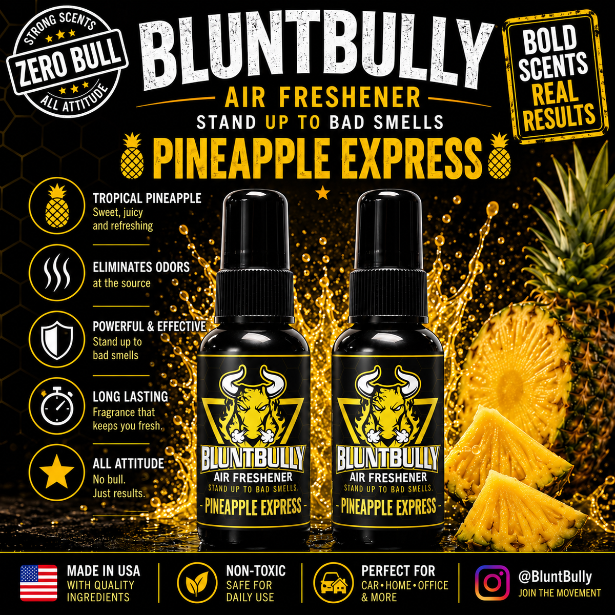 BluntBully Pineapple Express air freshener illustrated scent card with individual scent label on the bottles