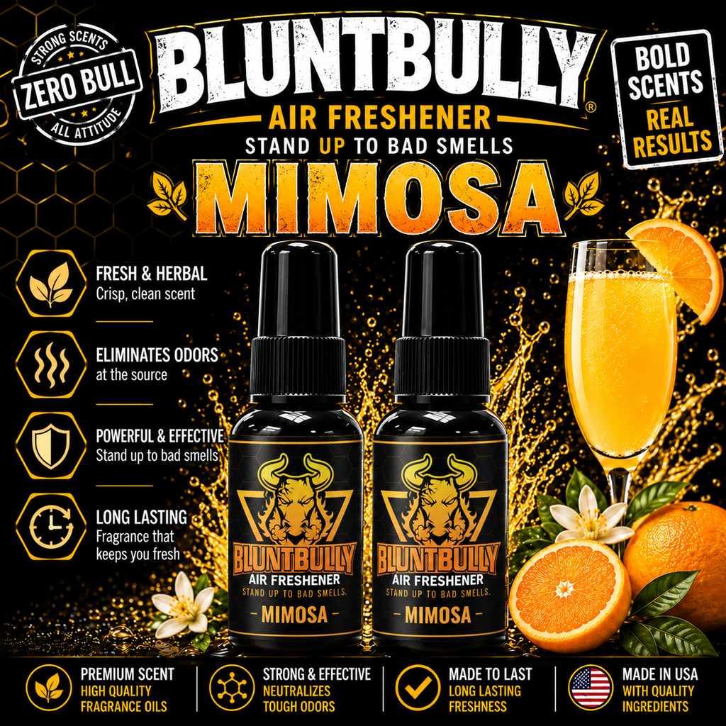 BluntBully Mimosa air freshener illustrated scent card with individual scent label on the bottles