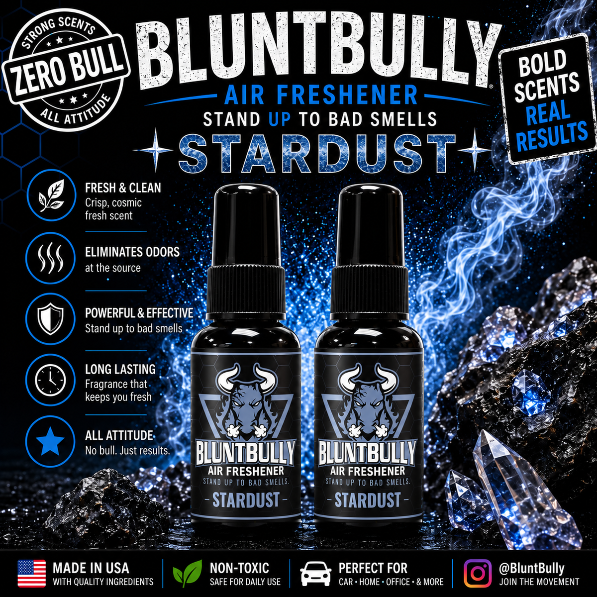 BluntBully Stardust air freshener illustrated scent card with individual scent label on the bottles
