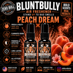 BluntBully Peach Dream air freshener illustrated scent card with individual scent label on the bottles