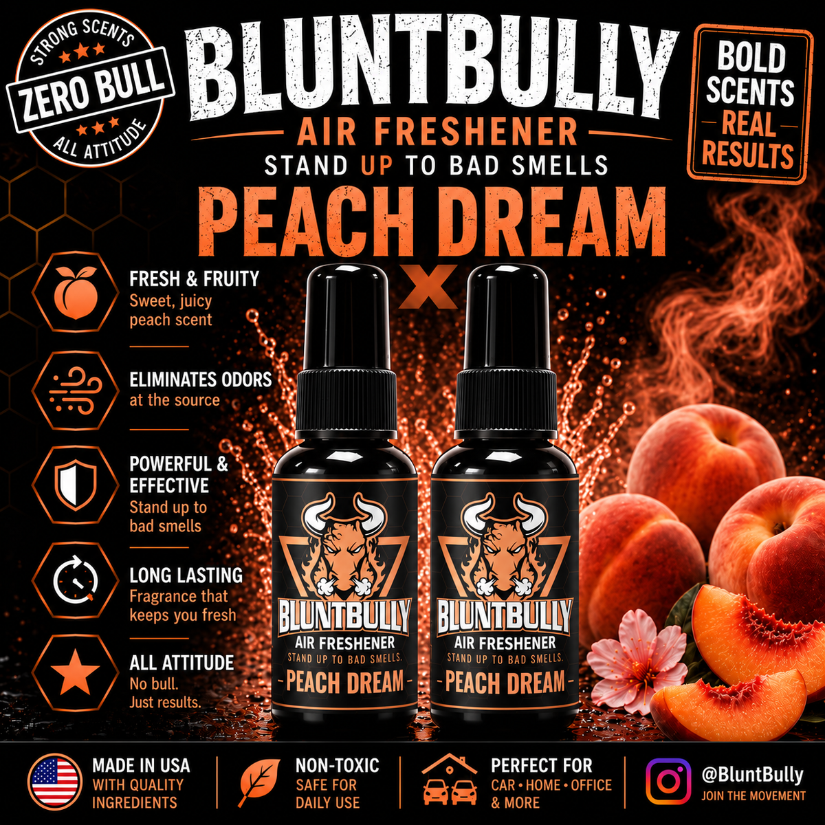 BluntBully Peach Dream air freshener illustrated scent card with individual scent label on the bottles