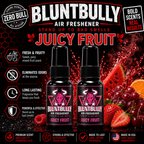 BluntBully Juicy Fruit air freshener illustrated scent card with individual scent label on the bottles