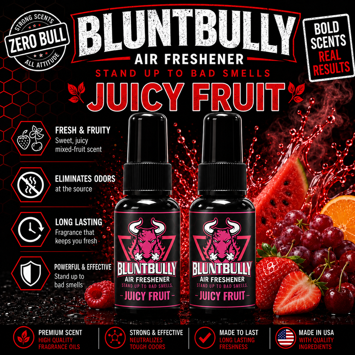 BluntBully Juicy Fruit air freshener illustrated scent card with individual scent label on the bottles