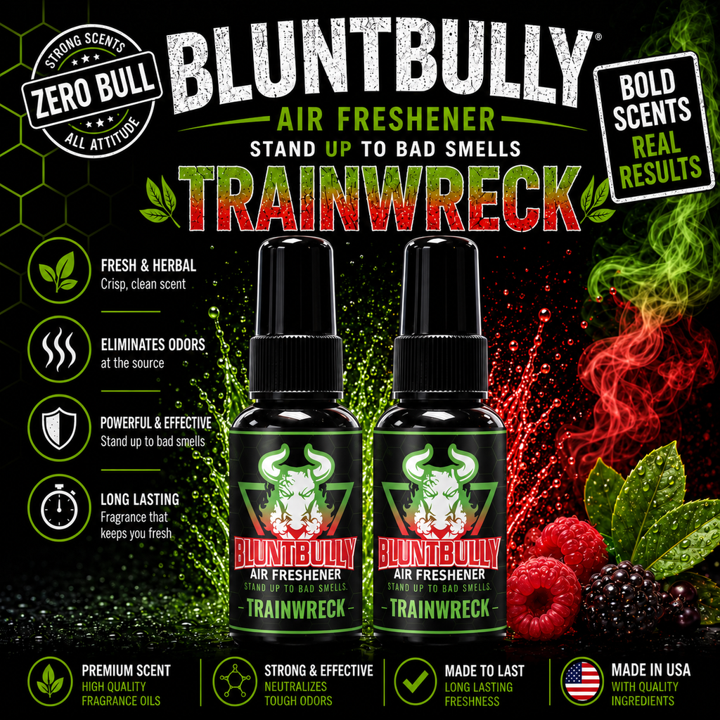 BluntBully Trainwreck air freshener illustrated scent card with individual scent label on the bottles