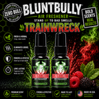 BluntBully Trainwreck air freshener illustrated scent card with individual scent label on the bottles