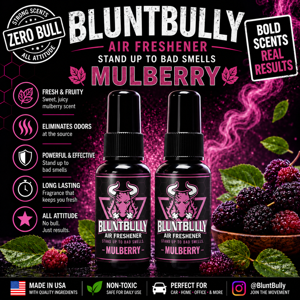 BluntBully Mulberry air freshener illustrated scent card with individual scent label on the bottles