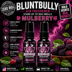 BluntBully Mulberry air freshener illustrated scent card with individual scent label on the bottles