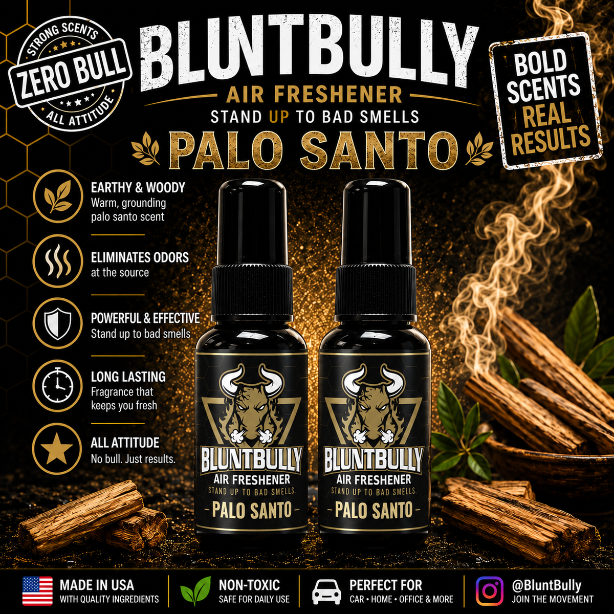 BluntBully Palo Santo air freshener illustrated scent card with individual scent label on the bottles