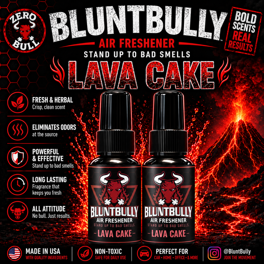 BluntBully Lava Cake air freshener illustrated scent card with individual scent label on the bottles