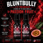 BluntBully Passion Fruit air freshener illustrated scent card with individual scent label on the bottles
