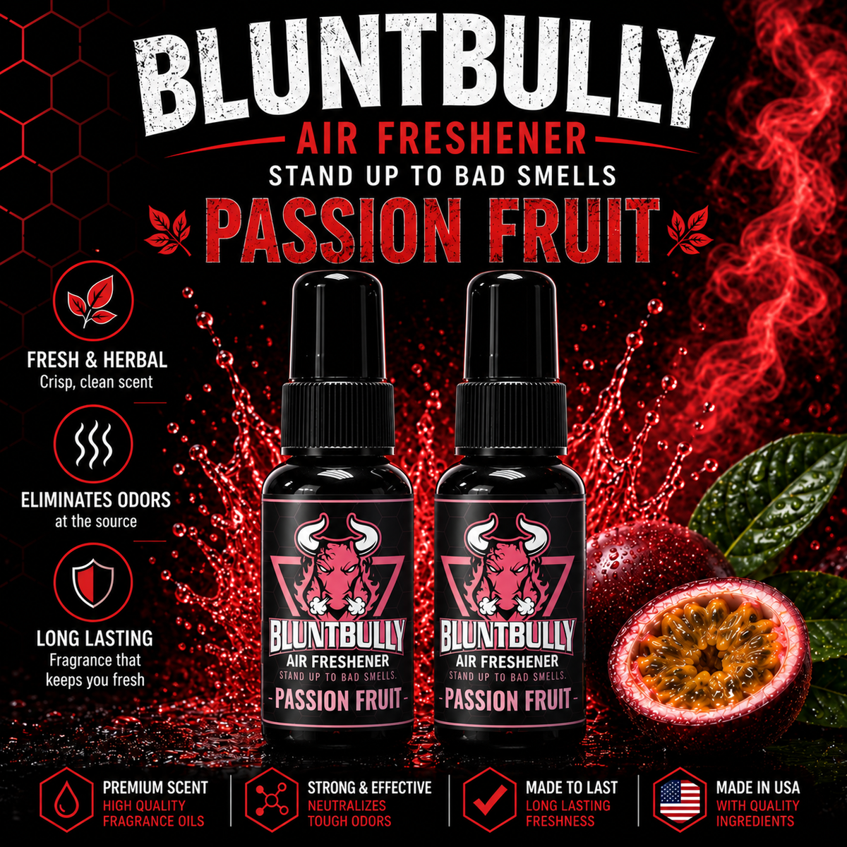 BluntBully Passion Fruit air freshener illustrated scent card with individual scent label on the bottles