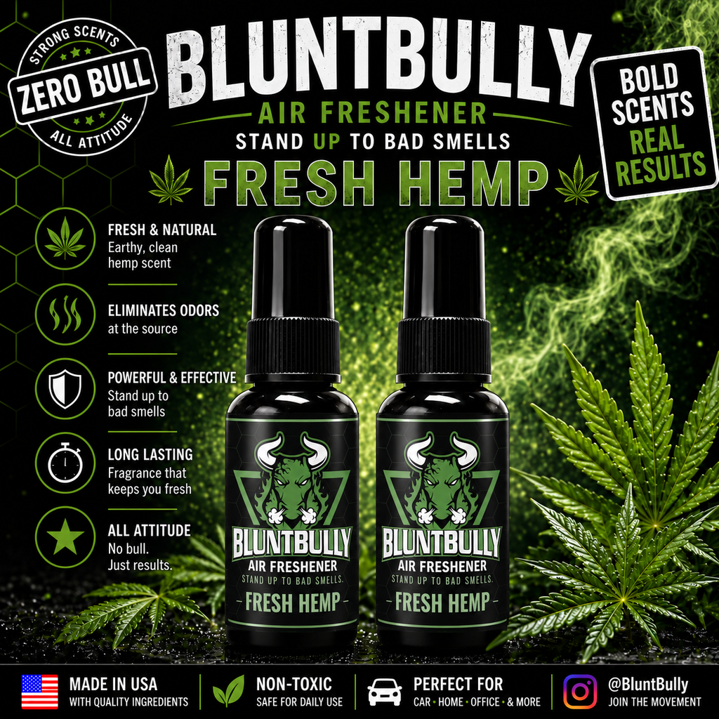 BluntBully Fresh Hemp air freshener illustrated scent card with individual scent label on the bottles