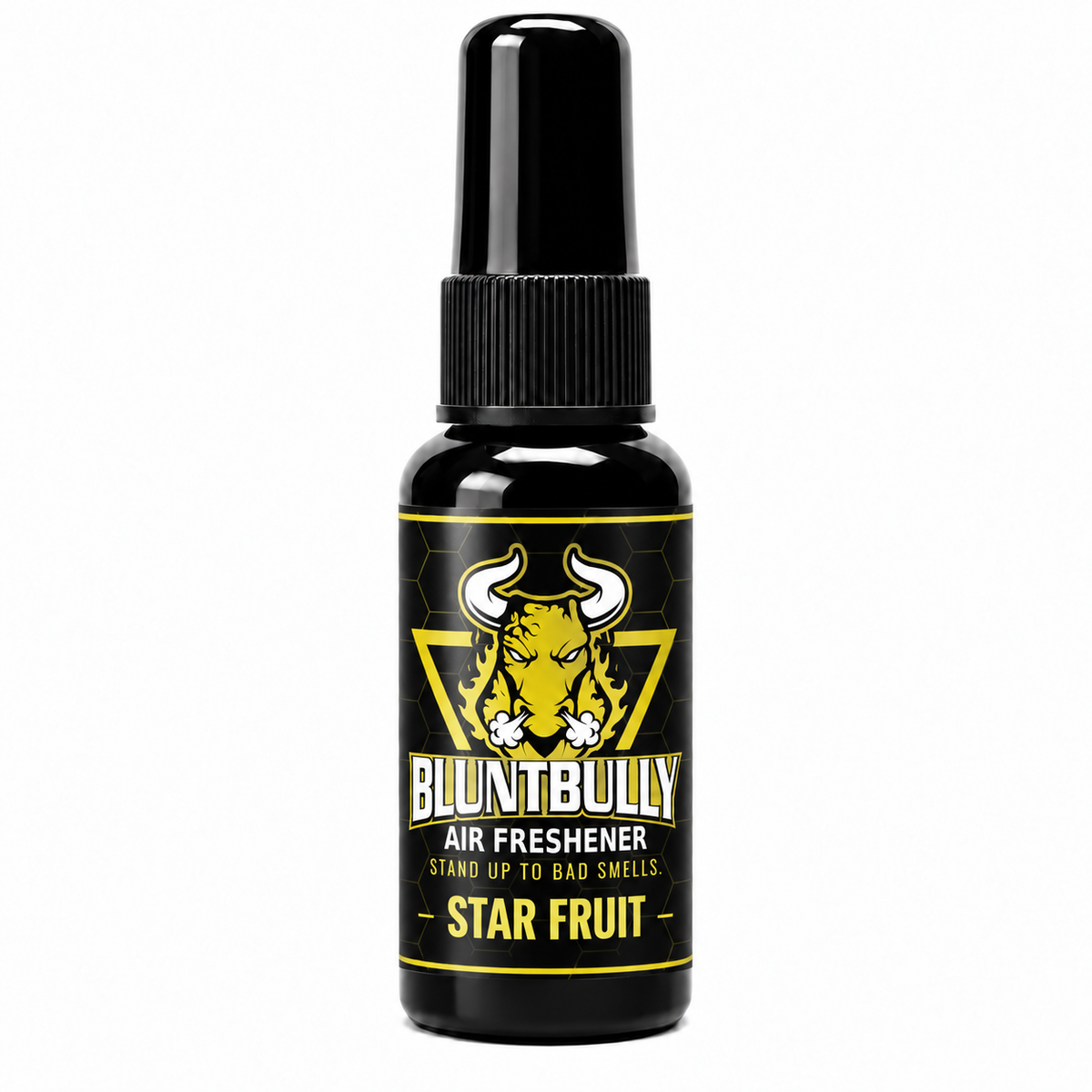 BluntBully Star Fruit Air Freshener with new golden-yellow label on the 1 oz and 1.5 oz bottle