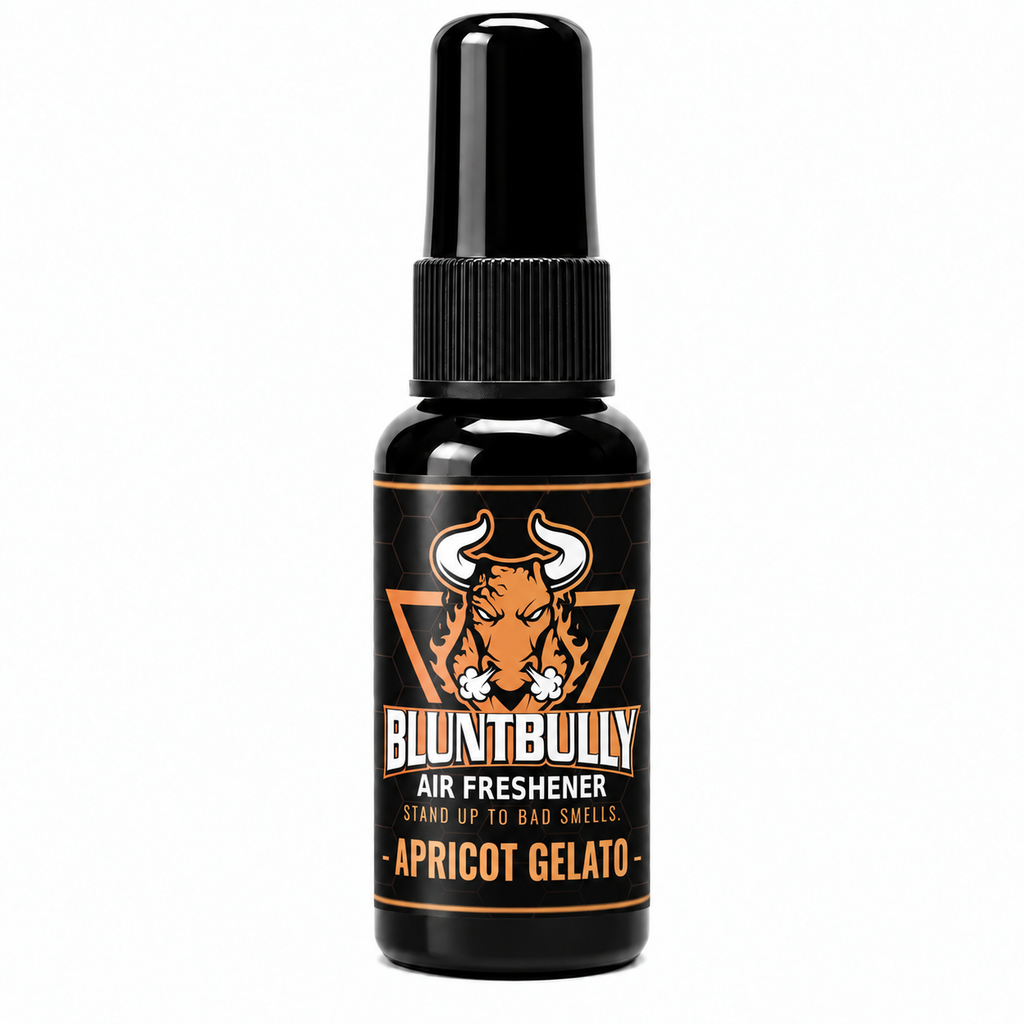 BluntBully Apricot Gelato air freshener 1 oz and 1.5 oz black spray bottle with individual scent label