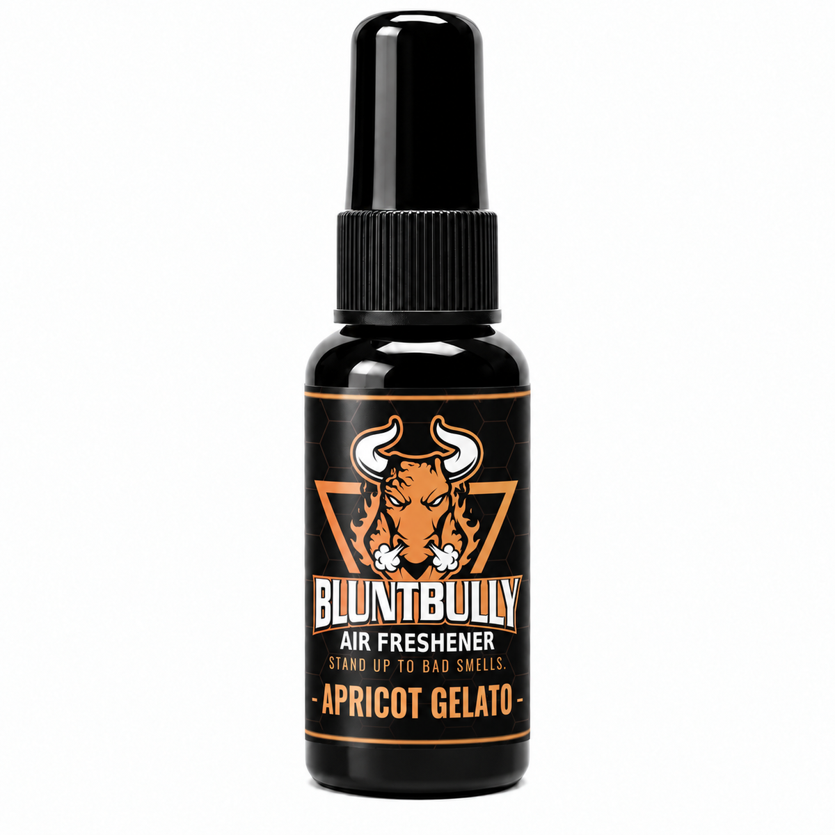 BluntBully Apricot Gelato air freshener 1 oz and 1.5 oz black spray bottle with individual scent label