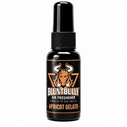 BluntBully Apricot Gelato air freshener 1 oz and 1.5 oz black spray bottle with individual scent label