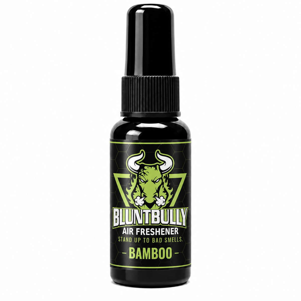 BluntBully Bamboo air freshener 1 oz and 1.5 oz black spray bottle with individual scent label