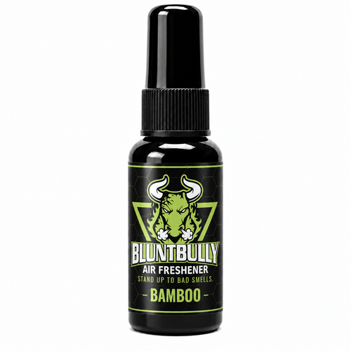 BluntBully Bamboo air freshener 1 oz and 1.5 oz black spray bottle with individual scent label