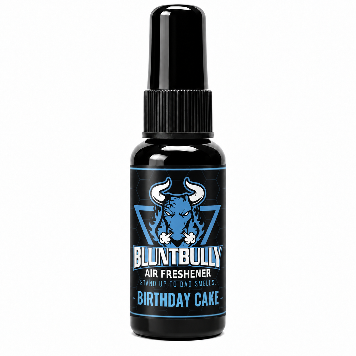 BluntBully Birthday Cake air freshener 1 oz and 1.5 oz black spray bottle with individual scent label