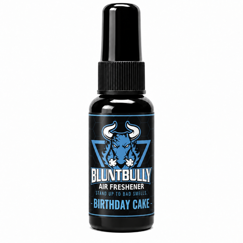 BluntBully Birthday Cake air freshener 1 oz and 1.5 oz black spray bottle with individual scent label