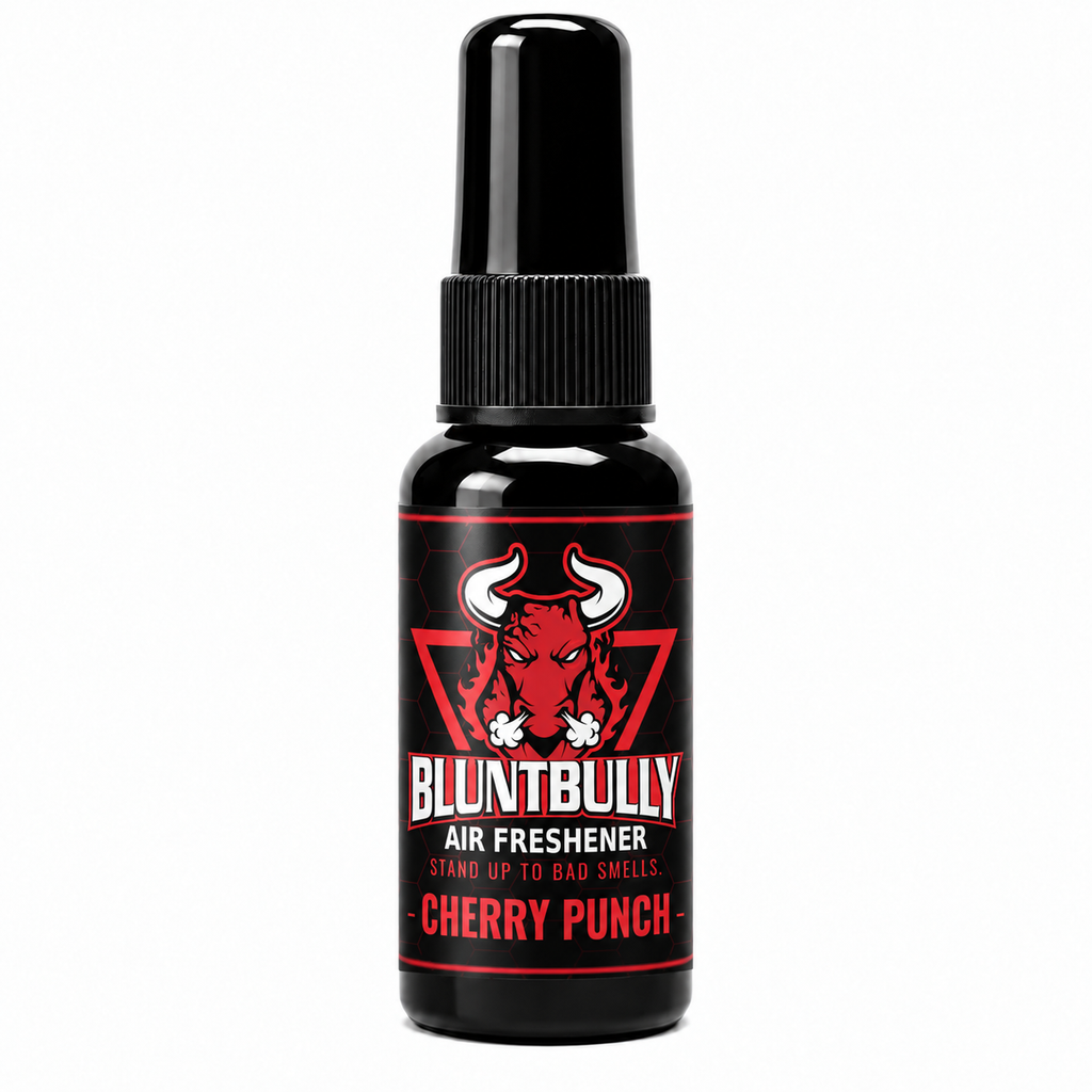 BluntBully Cherry Punch air freshener 1 oz and 1.5 oz black spray bottle with individual scent label