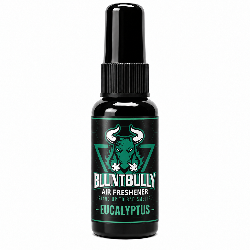 BluntBully Eucalyptus air freshener 1 oz and 1.5 oz black spray bottle with individual scent label