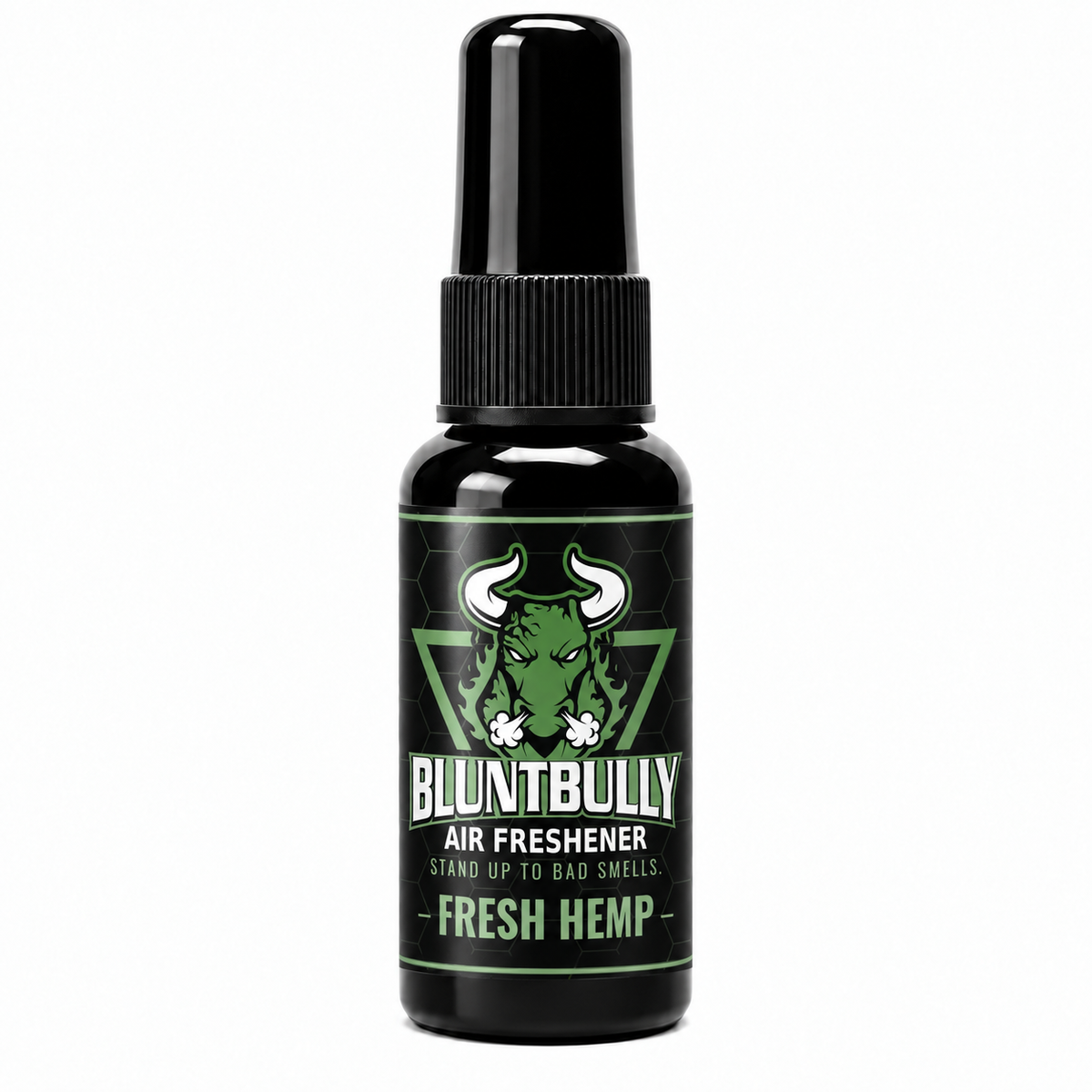 BluntBully Fresh Hemp air freshener 1 oz and 1.5 oz master-size black spray bottle with refined green honeycomb label
