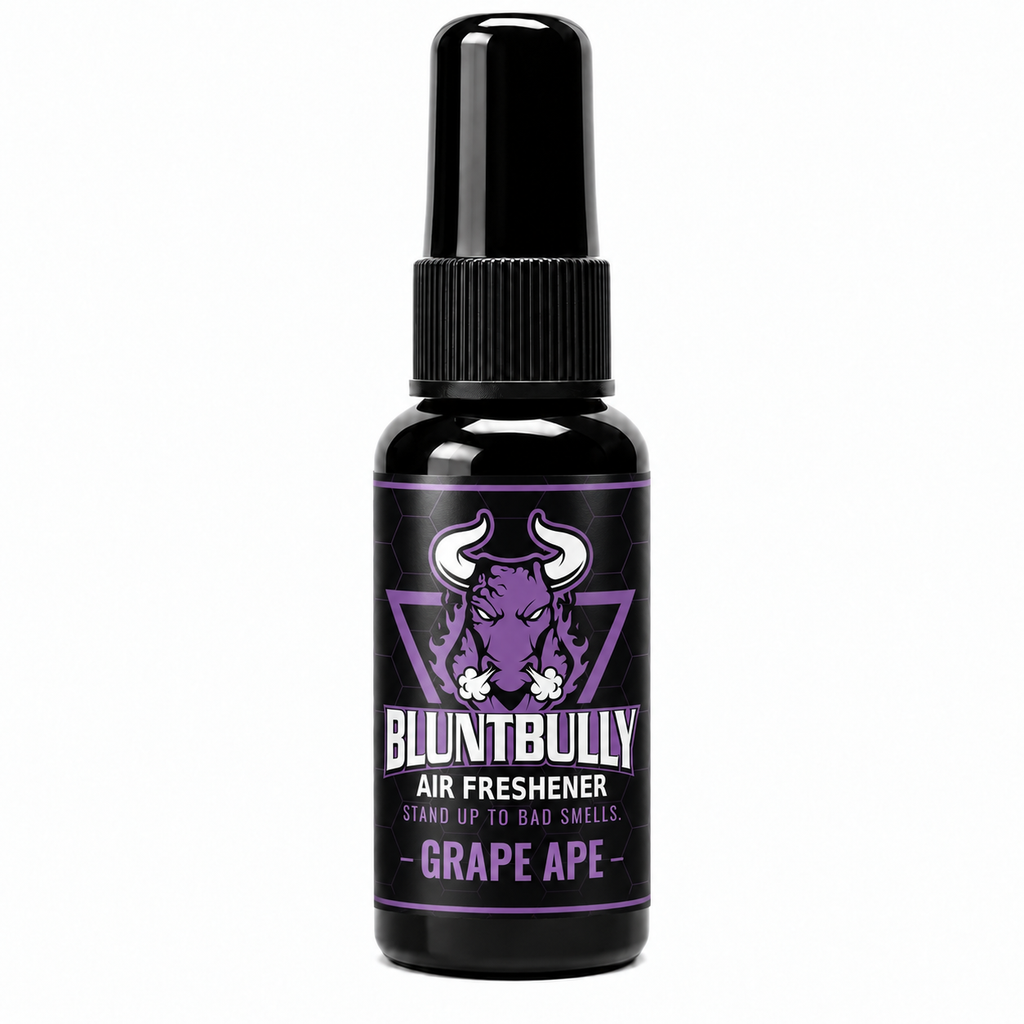 BluntBully Grape Ape air freshener 1 oz and 1.5 oz black spray bottle with individual scent label
