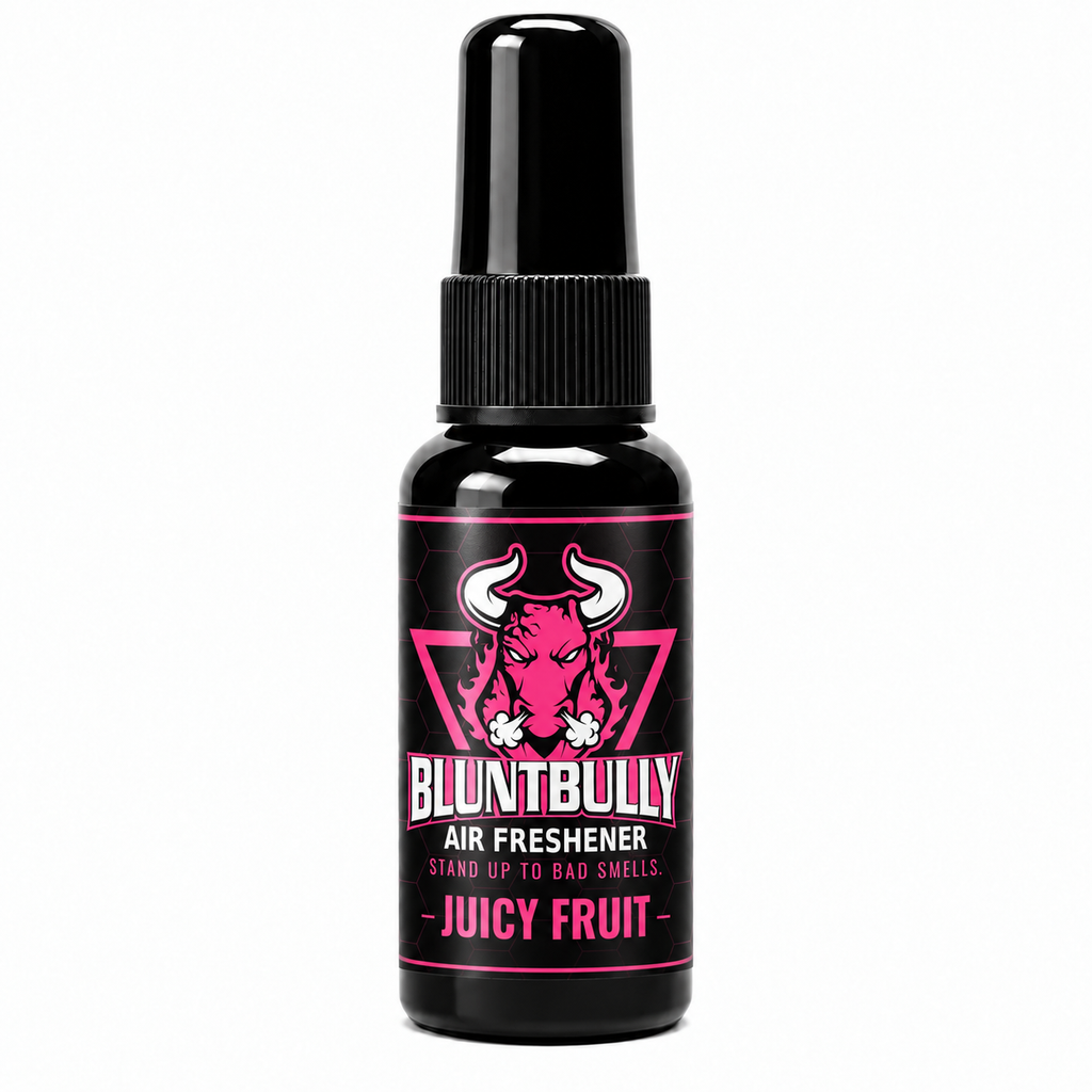 BluntBully Juicy Fruit air freshener 1 oz and 1.5 oz black spray bottle with individual scent label