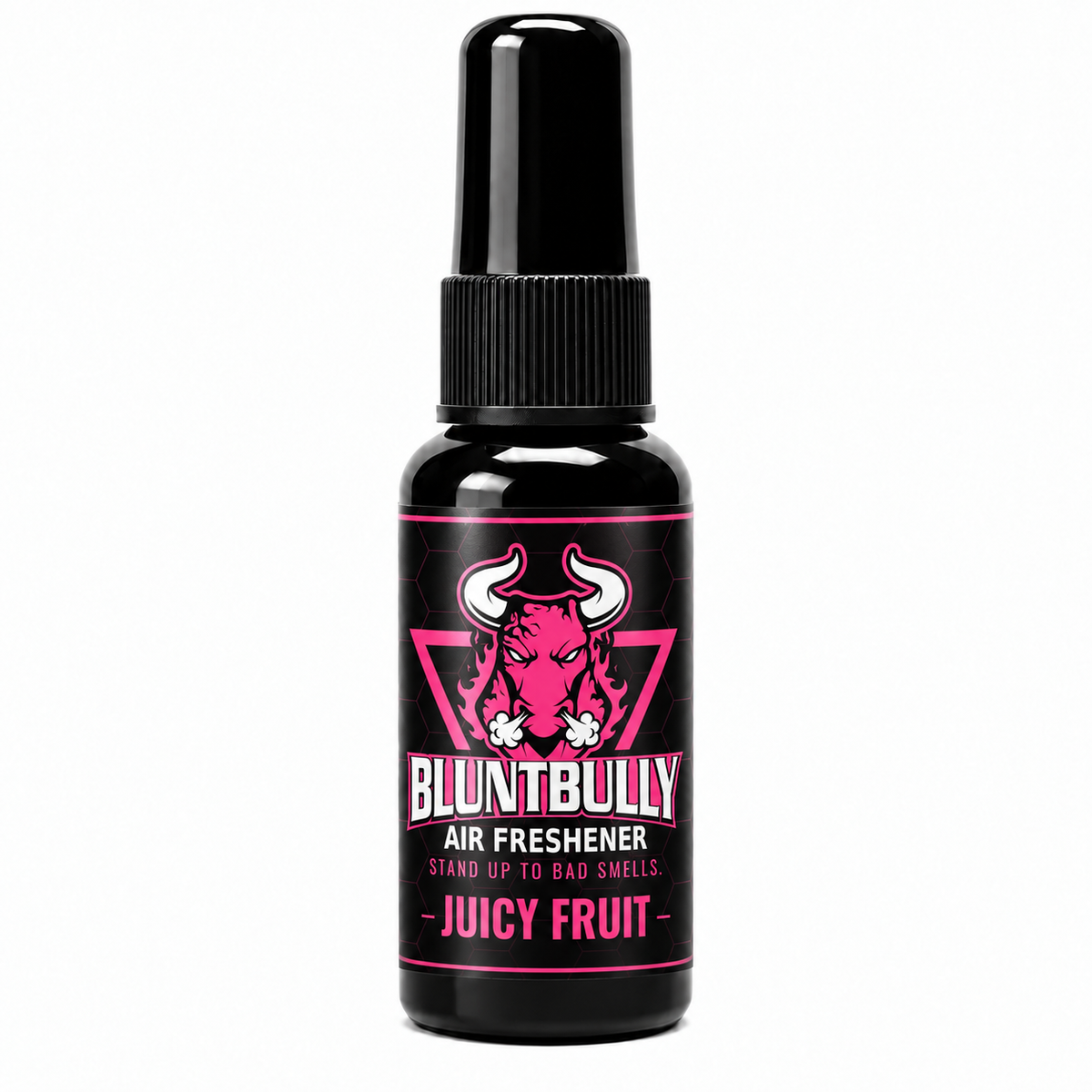 BluntBully Juicy Fruit air freshener 1 oz and 1.5 oz black spray bottle with individual scent label
