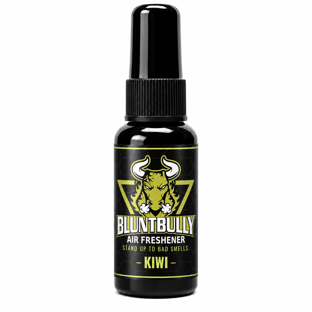 BluntBully Kiwi air freshener 1 oz and 1.5 oz black spray bottle with individual scent label