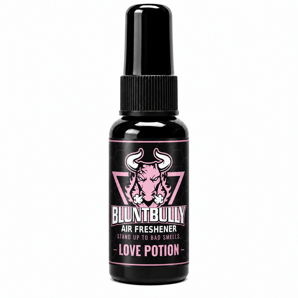 BluntBully Love Potion air freshener 1 oz and 1.5 oz black spray bottle with individual scent label