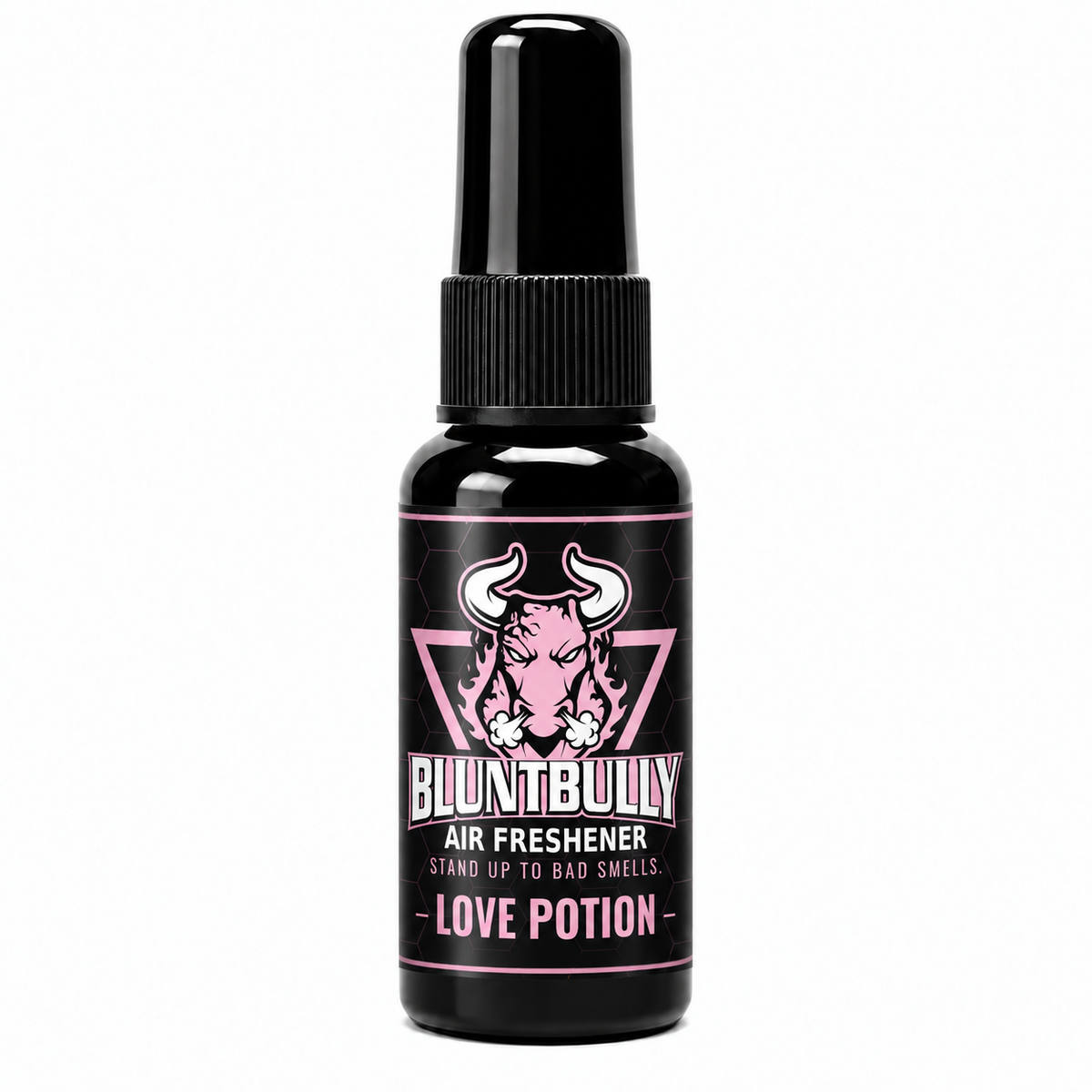 BluntBully Love Potion air freshener 1 oz and 1.5 oz black spray bottle with individual scent label