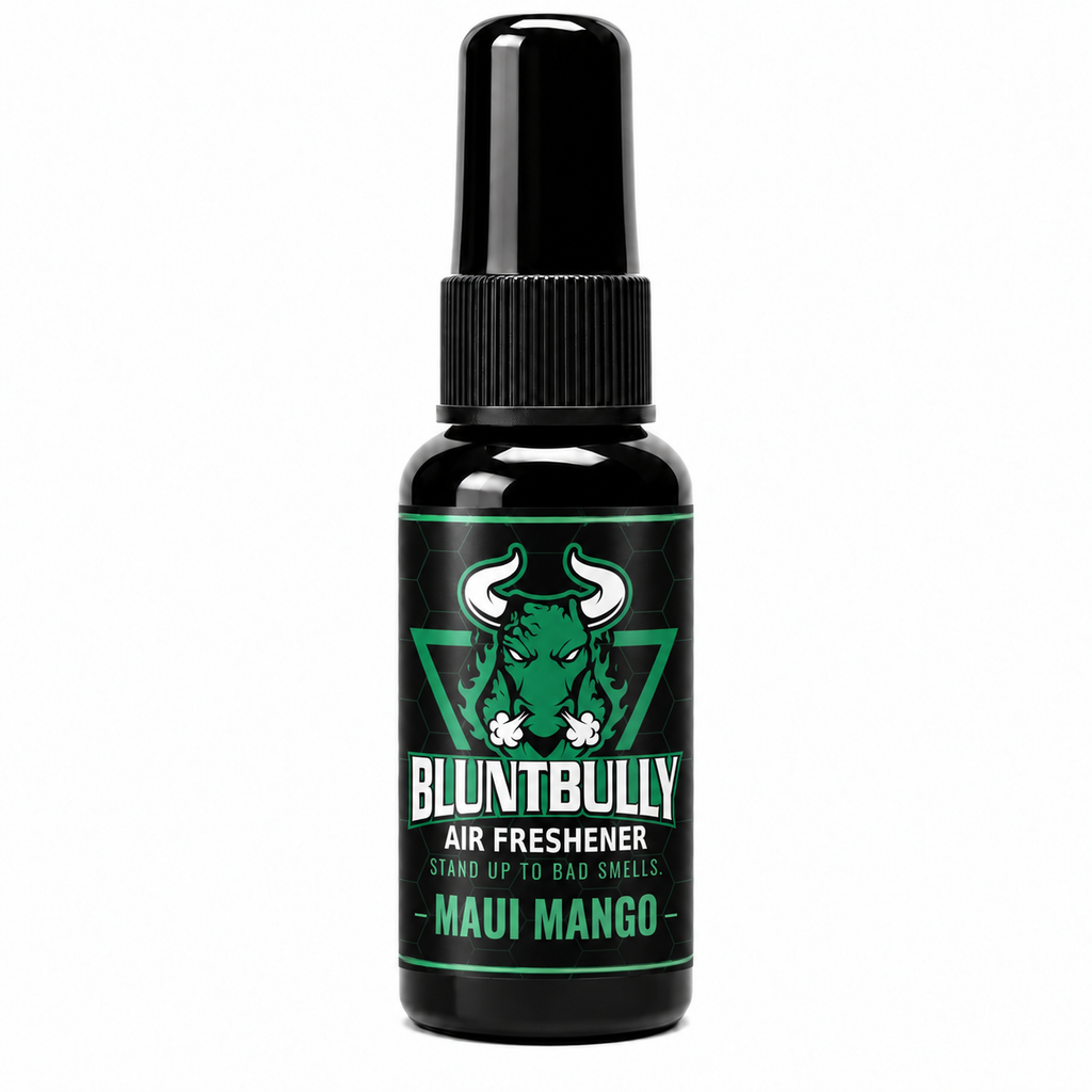 BluntBully Maui Mango air freshener 1 oz and 1.5 oz black spray bottle with individual scent label