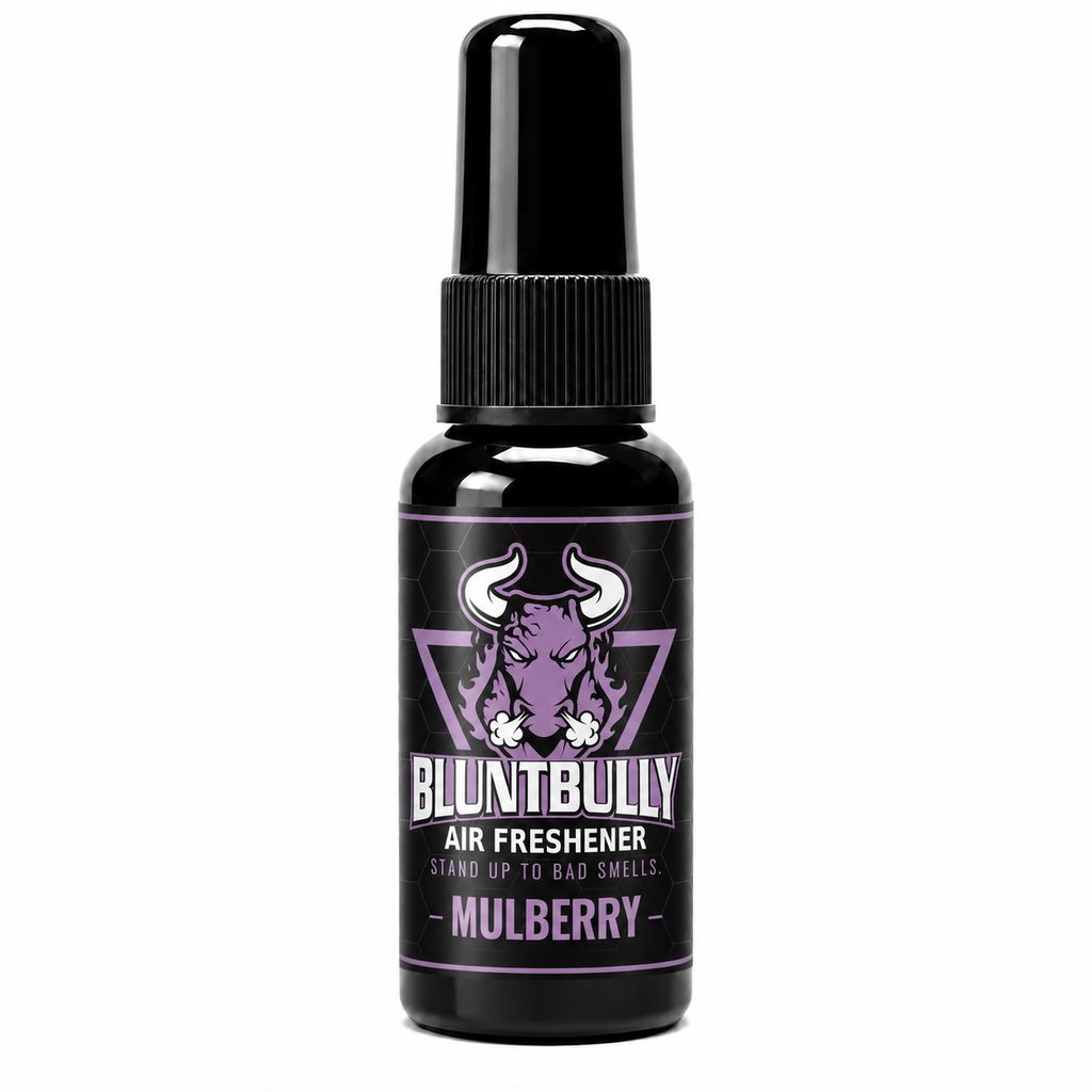 BluntBully Mulberry air freshener 1 oz and 1.5 oz black spray bottle with individual scent label
