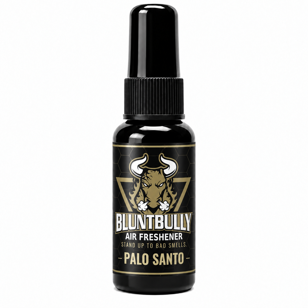 BluntBully Palo Santo air freshener 1 oz and 1.5 oz black spray bottle with individual scent label