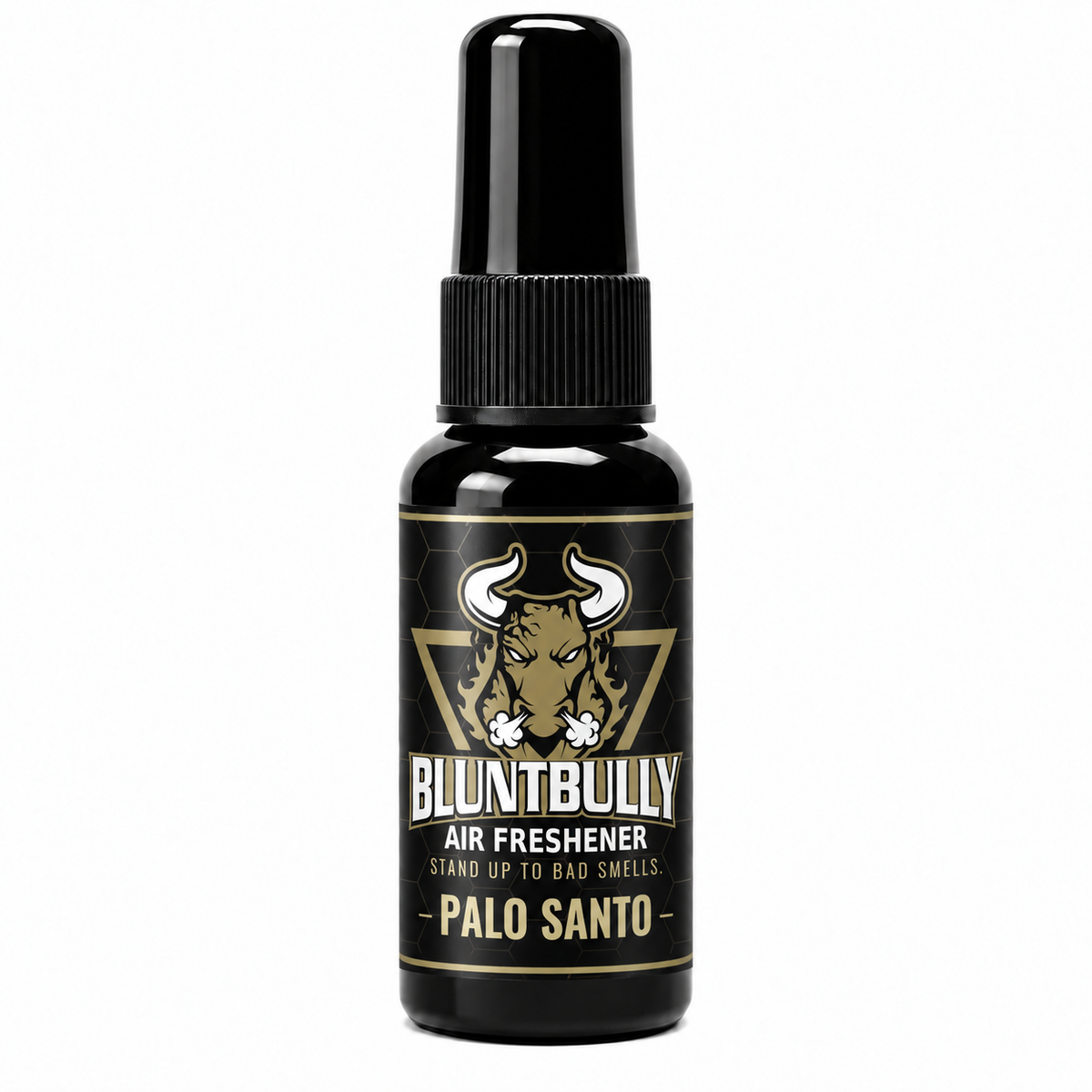BluntBully Palo Santo air freshener 1 oz and 1.5 oz black spray bottle with individual scent label