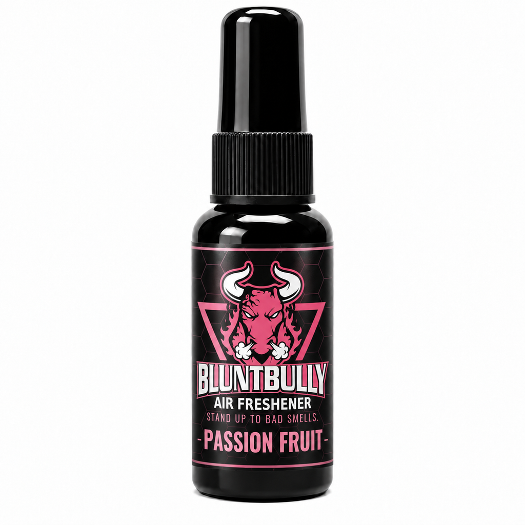 BluntBully Passion Fruit air freshener 1 oz and 1.5 oz black spray bottle with individual scent label