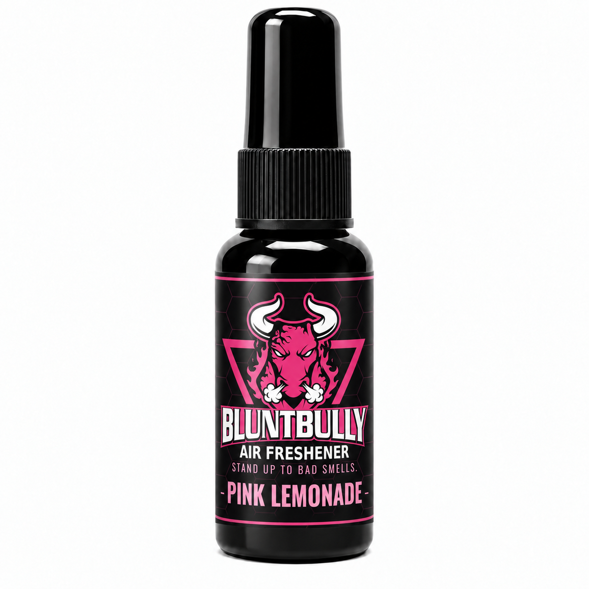 BluntBully Pink Lemonade air freshener 1 oz and 1.5 oz black spray bottle with individual scent label