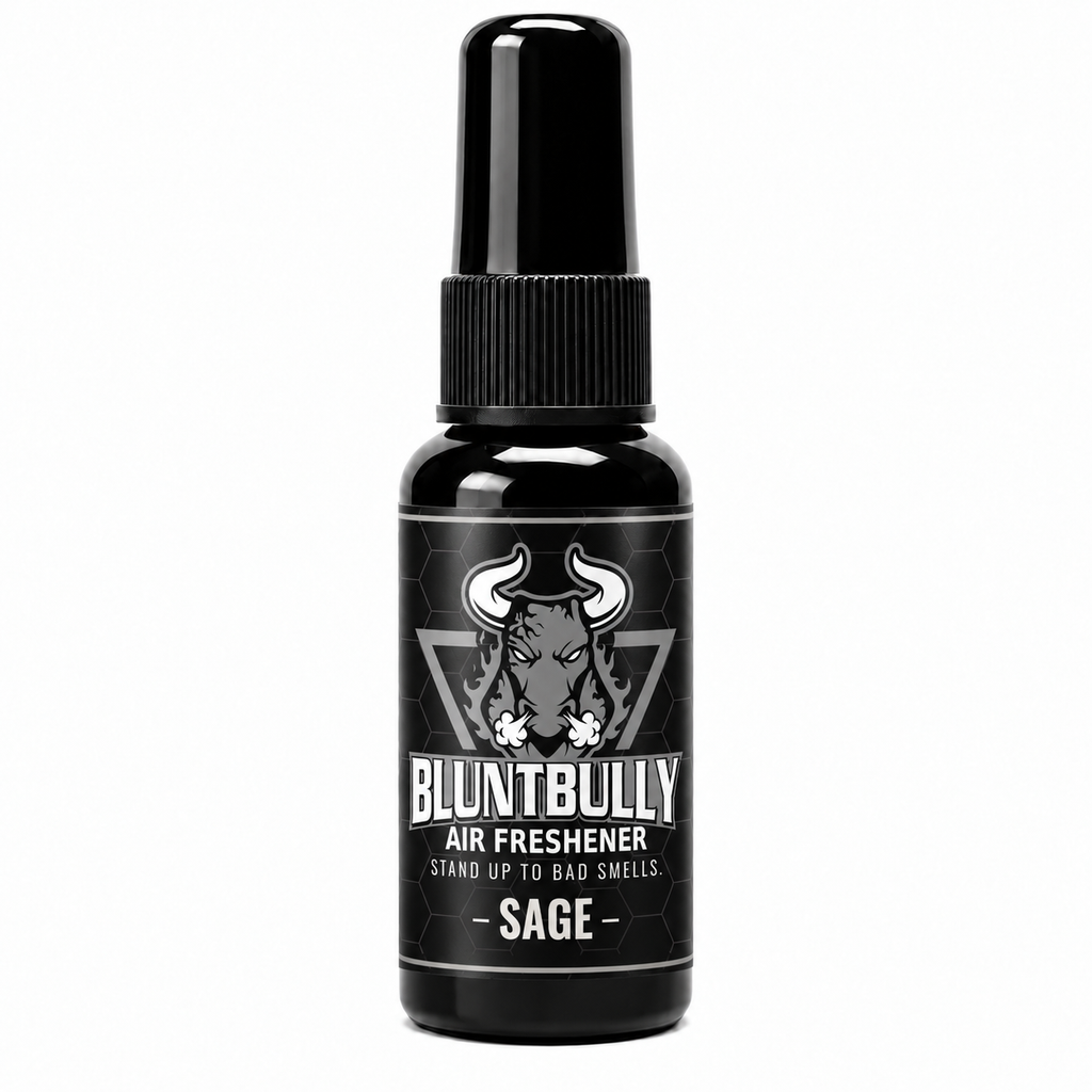 BluntBully Sage air freshener 1 oz and 1.5 oz black spray bottle with individual scent label